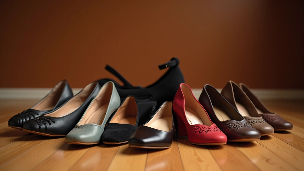 Close-up of different dance shoe styles displayed on a wooden surface
