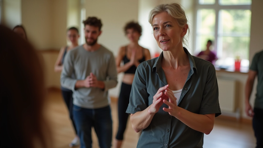 Diverse group of smiling adults in a dance class setting with instructor leading from front