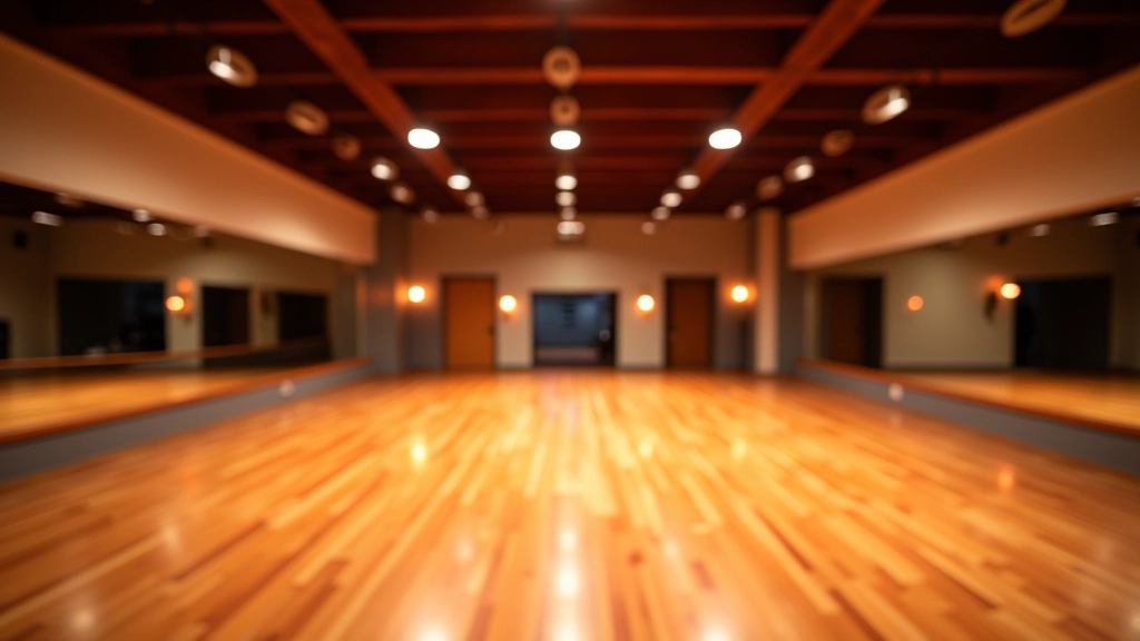 Mature adults enjoying social dance in a modern studio with wooden dance floor and warm atmospheric lighting