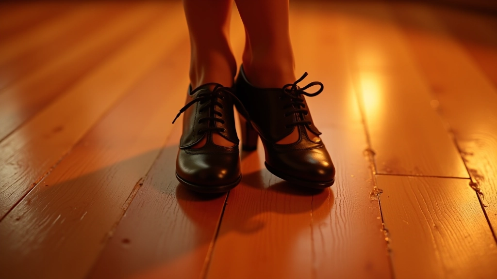 Close-up of dance shoes on a polished dance floor with soft studio lighting